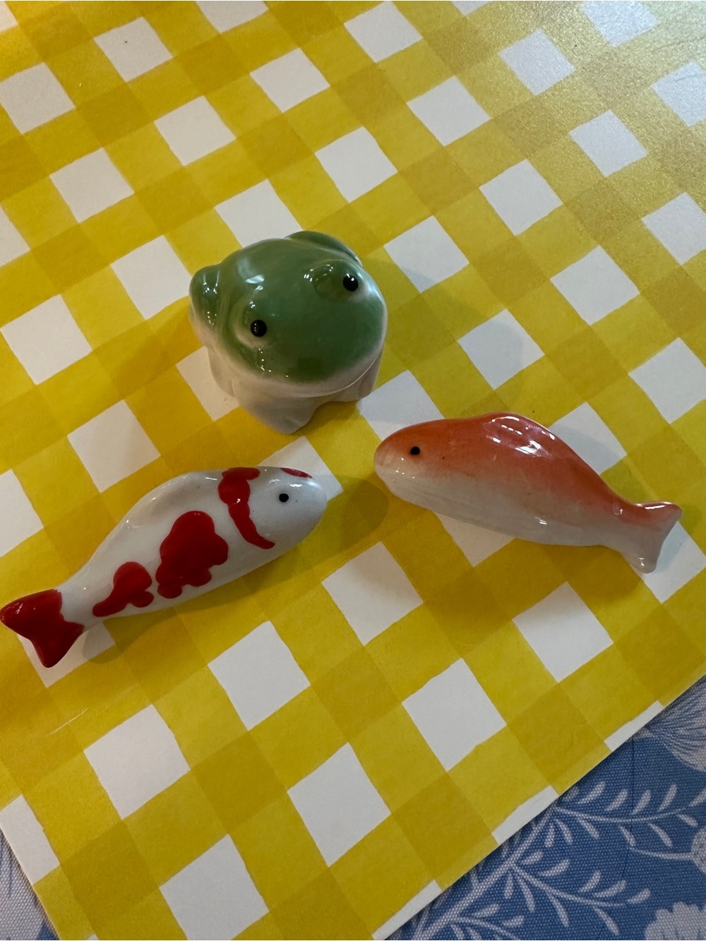 Ceramic Fish and Frog Decorative items for faux aquarium - Green, Red, Orange